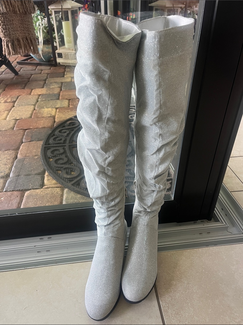 New thigh high glitter wedge round toe boots size 9